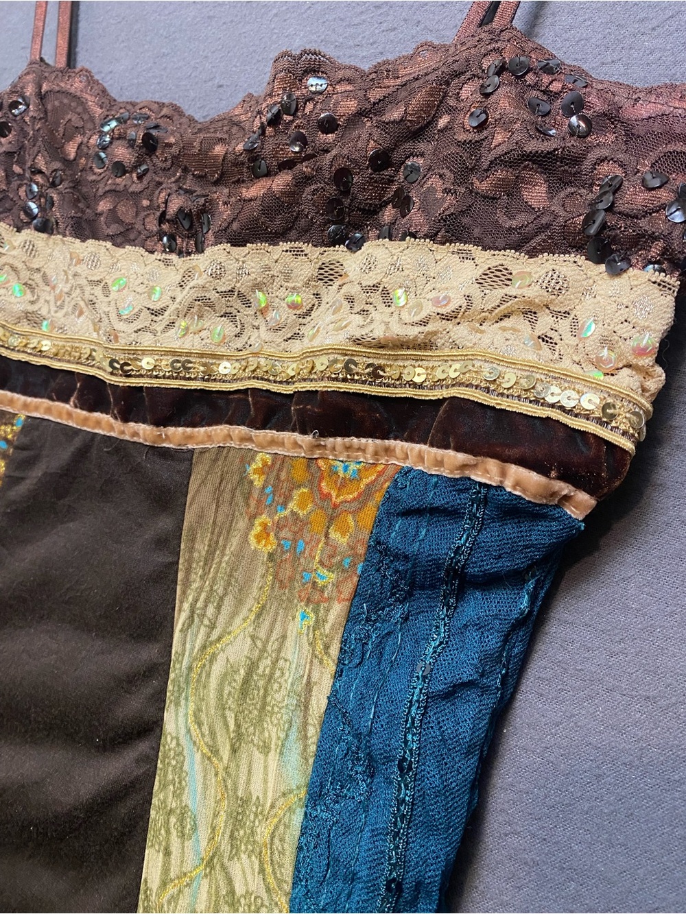 Studio Y Vtg Y2K Teal, Brown & Gold Patchwork Spaghetti-Strap Camisole- Small - Picture 2 of 10